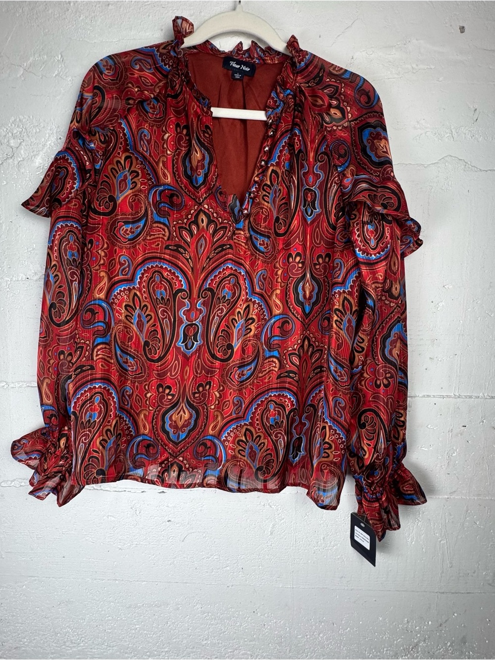 Fleur Noir paisley blouse Ruffle Balloon Sleeve Metallic Ruby Red Elegant boho L
